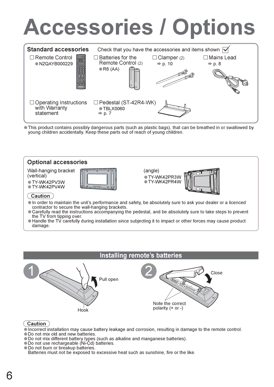 Panasonic TH-42PX8A manual Accessories / Options, Installing remote’s batteries 