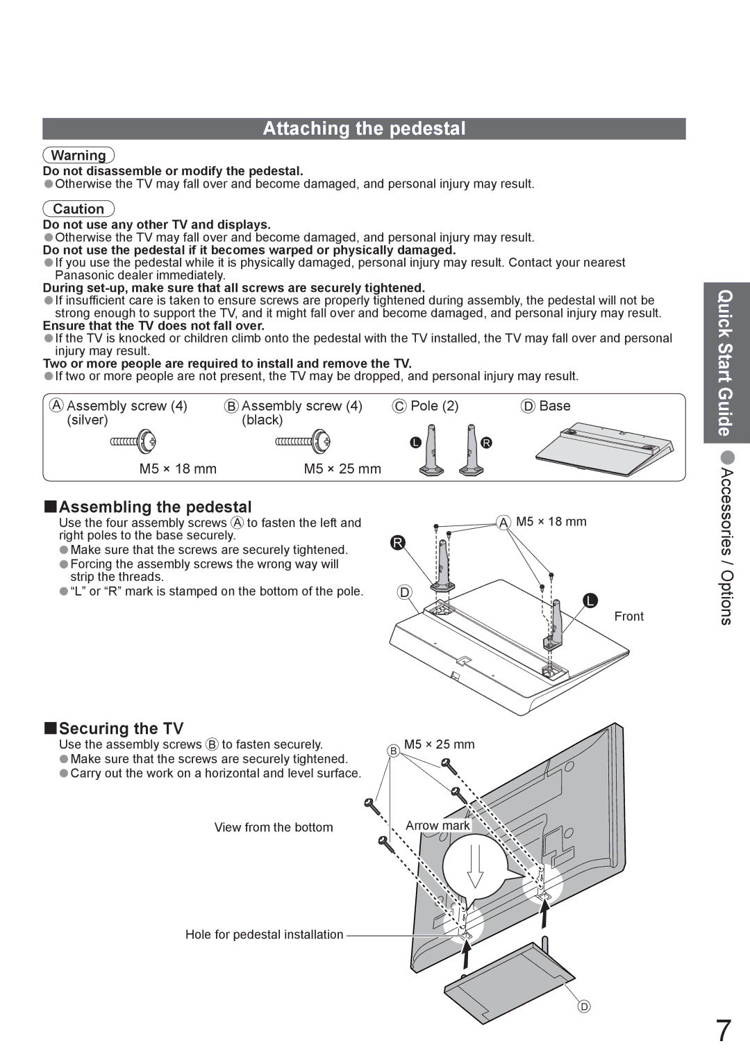 Panasonic TH-42PX8A manual Attaching the pedestal, Do not use any other TV and displays 