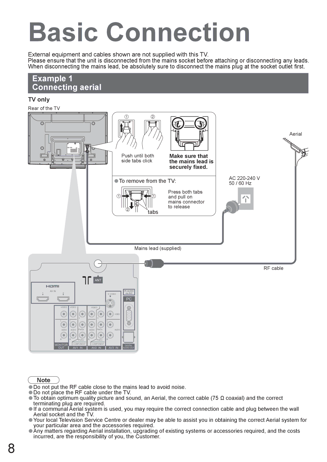 Panasonic TH-42PX8A manual Basic Connection, Example Connecting aerial, TV only, To remove from the TV, Tabs 