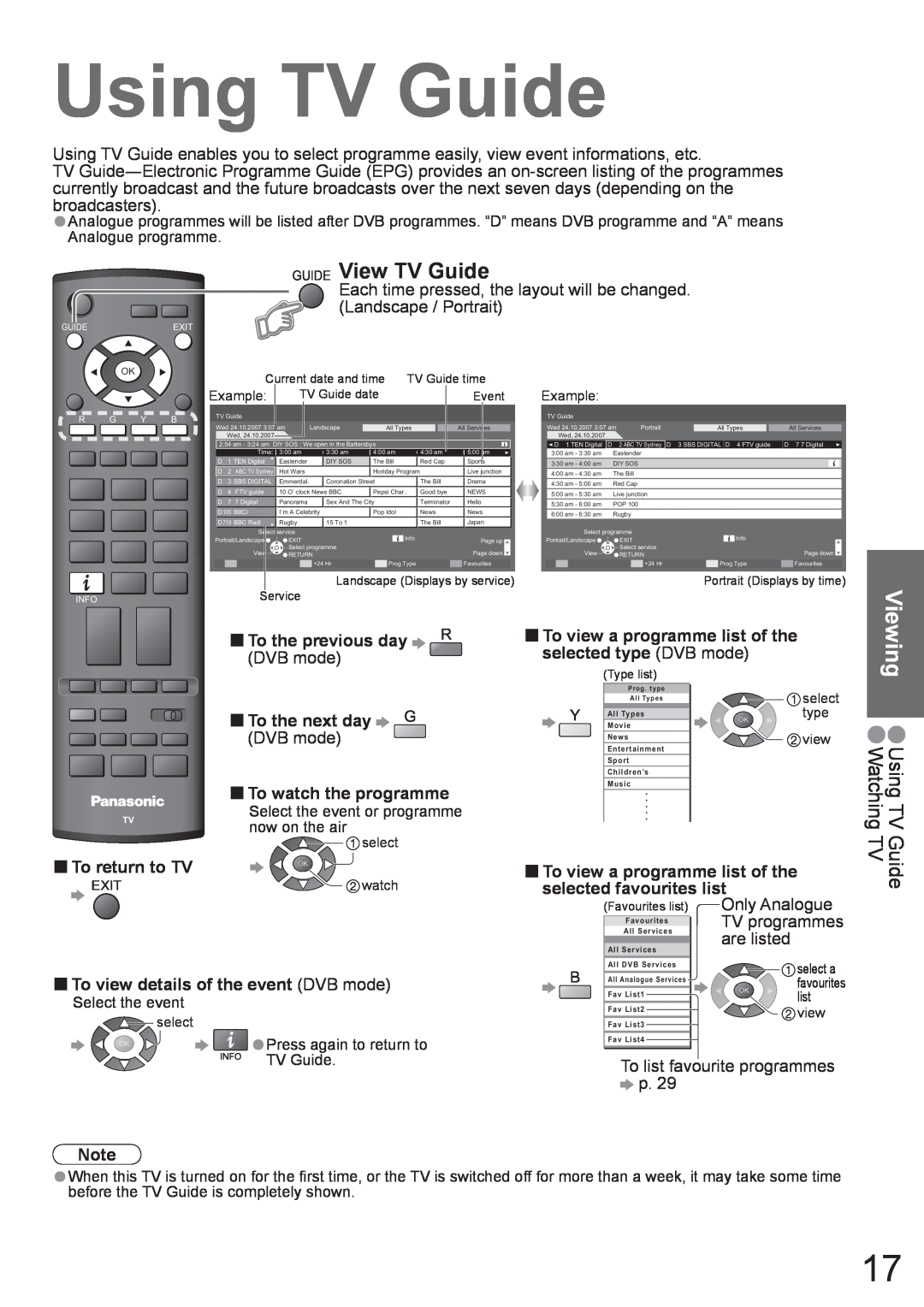 Panasonic TH-42PX8A manual Viewing, GUIDE View TV Guide, Using TV Guide Watching TV, Landscape / Portrait, DVB mode 