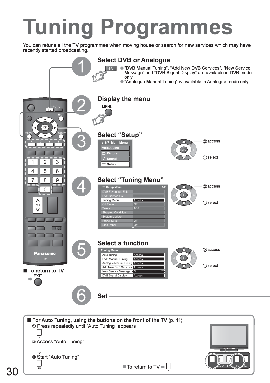 Panasonic TH-42PX8A Tuning Programmes, Select DVB or Analogue, Select “Tuning Menu”, Select a function, 6 Set, 1 2 4 5 7 8 