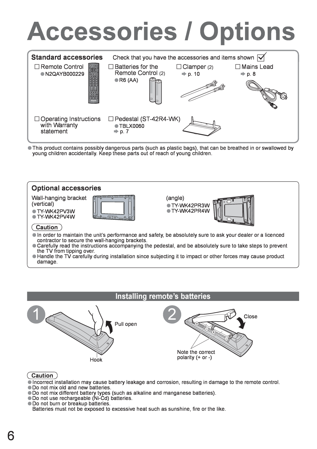 Panasonic TH-42PX8A Accessories / Options, Installing remote’s batteries, Optional accessories, Remote Control, Clamper 