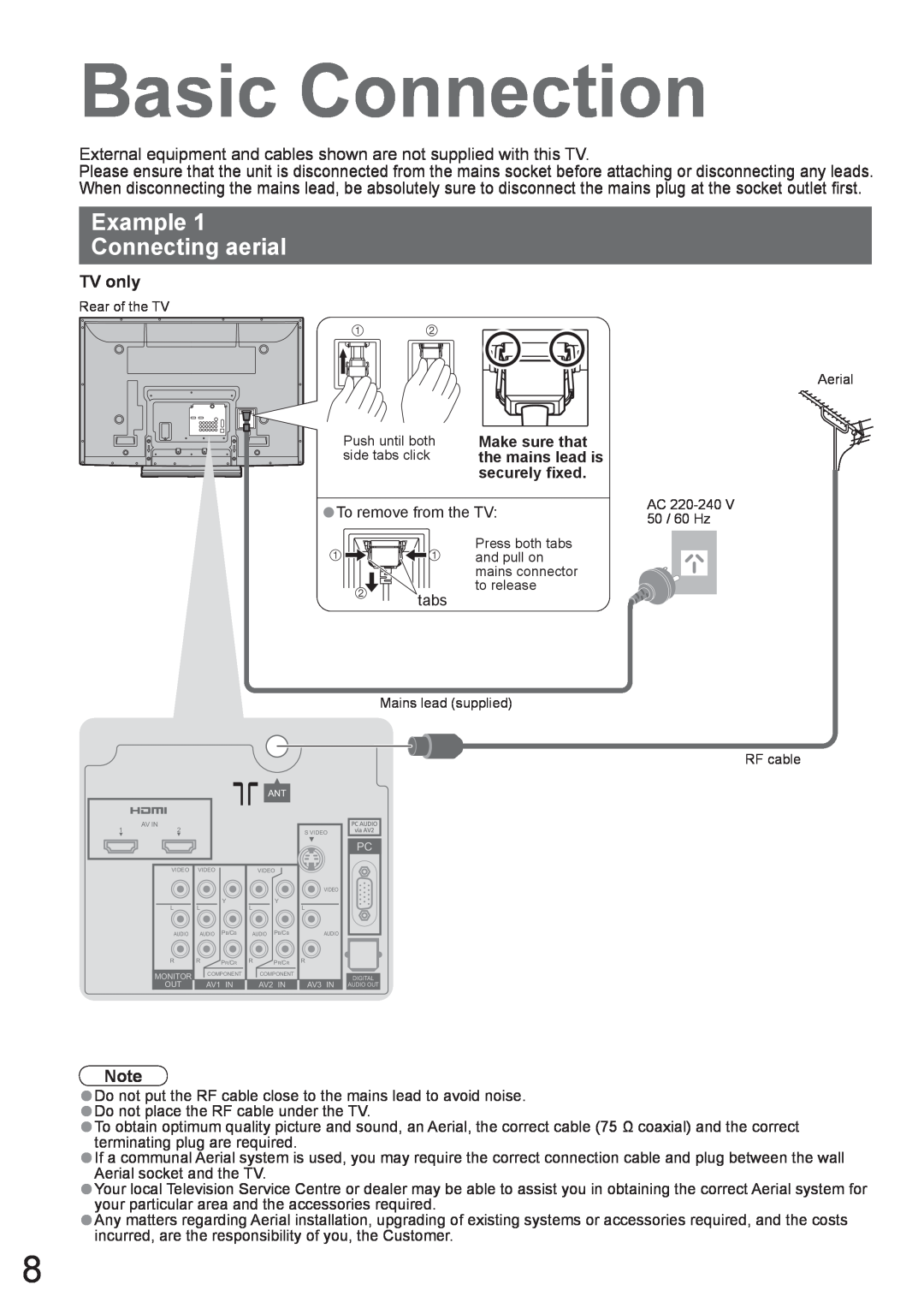 Panasonic TH-42PX8A manual Basic Connection, Example Connecting aerial, TV only, Make sure that, securely ﬁxed 