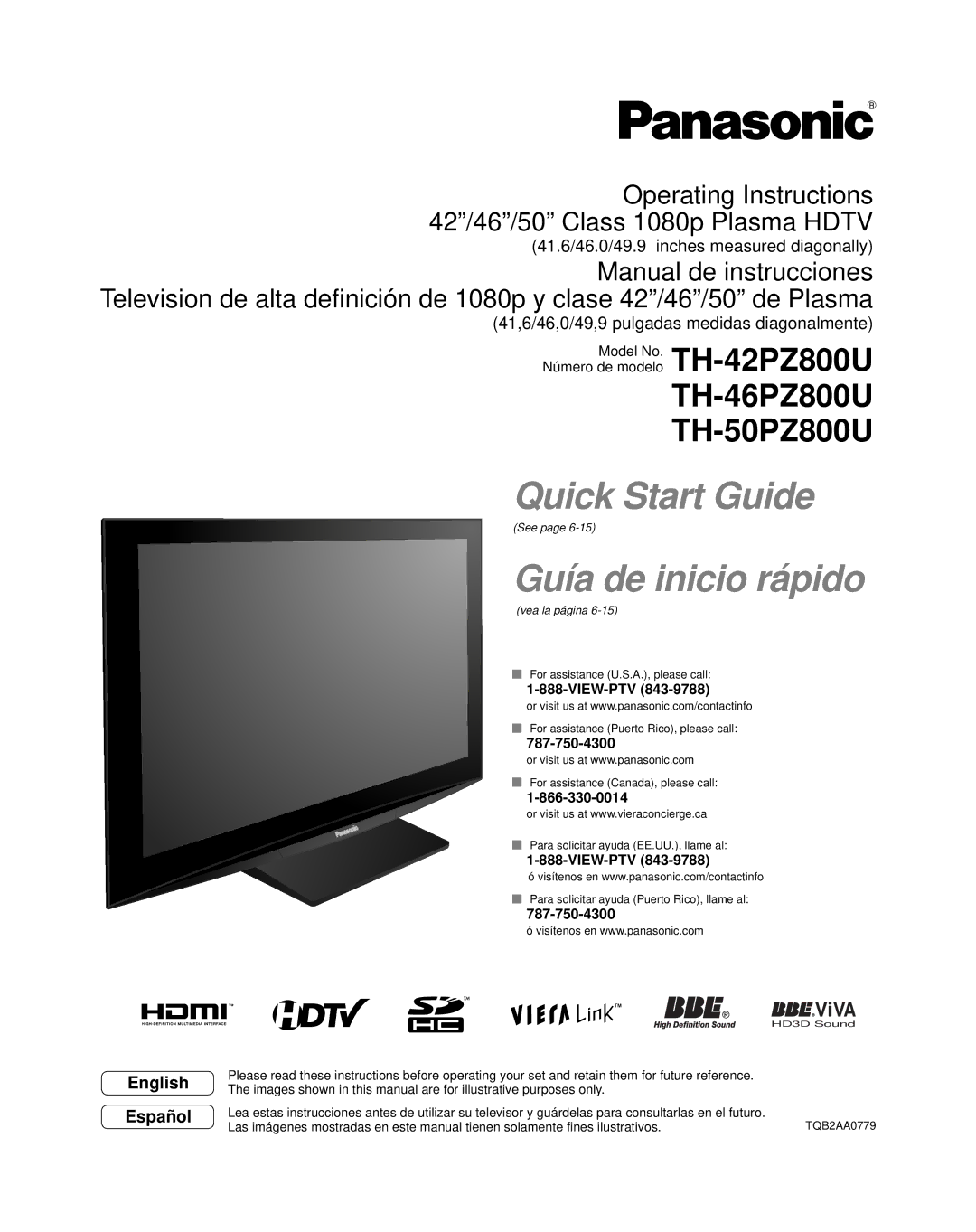 Panasonic TH-42PZ800U quick start ViVA, Model No. Número de modelo, View-Ptv 