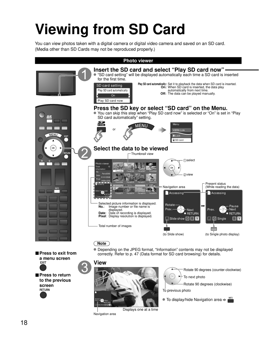 Panasonic TH-42PZ800U Viewing from SD Card, Insert the SD card and select Play SD card now, Select the data to be viewed 