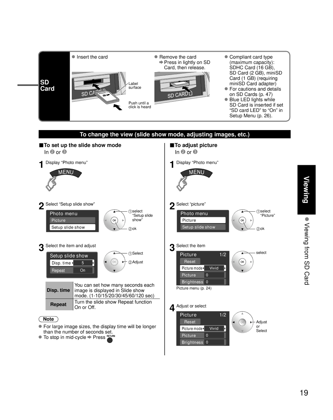 Panasonic TH-42PZ800U Card, To change the view slide show mode, adjusting images, etc, To set up the slide show mode 