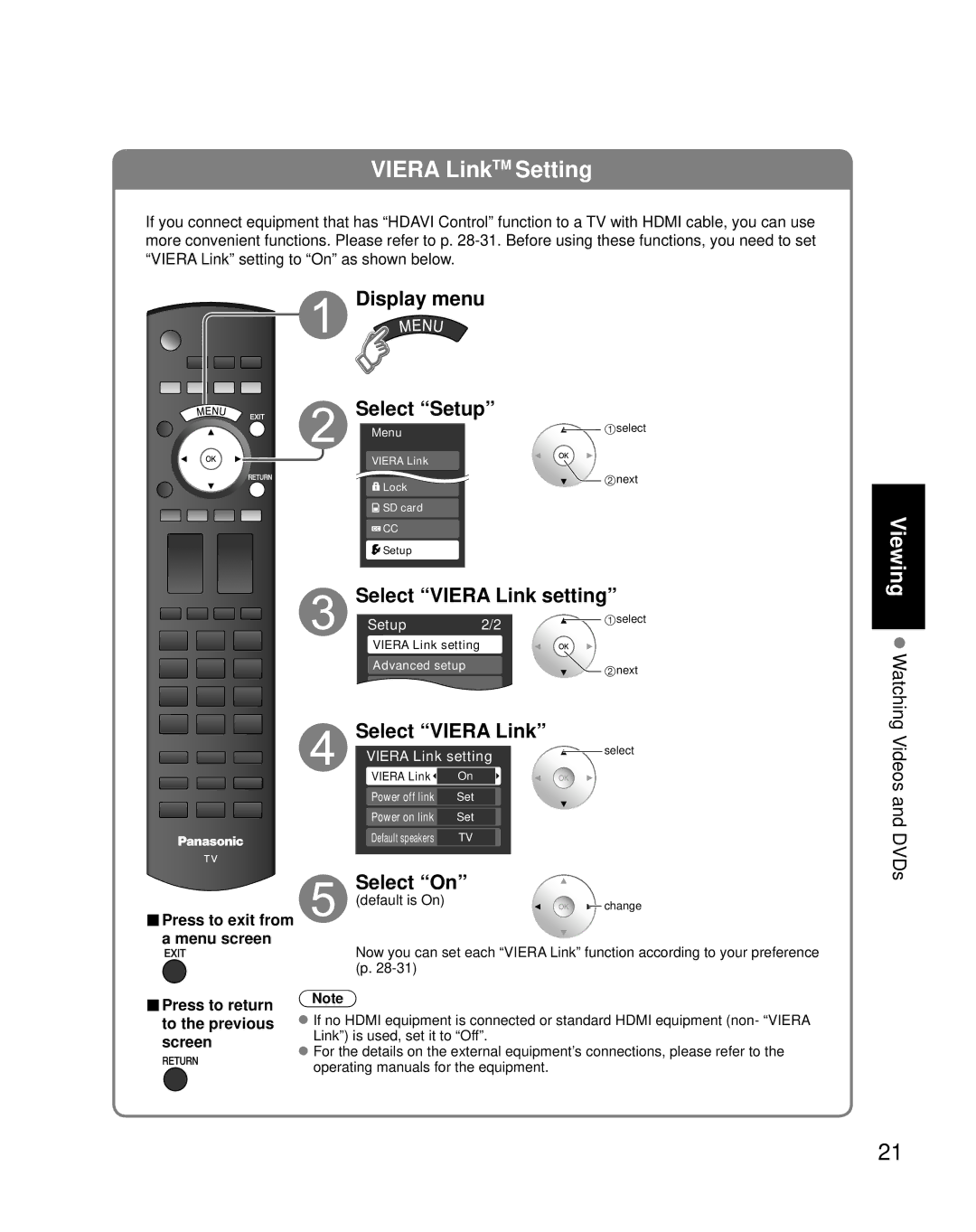 Panasonic TH-42PZ800U quick start Select Viera Link, Select On, Setup, Viera Link setting, Default is On 