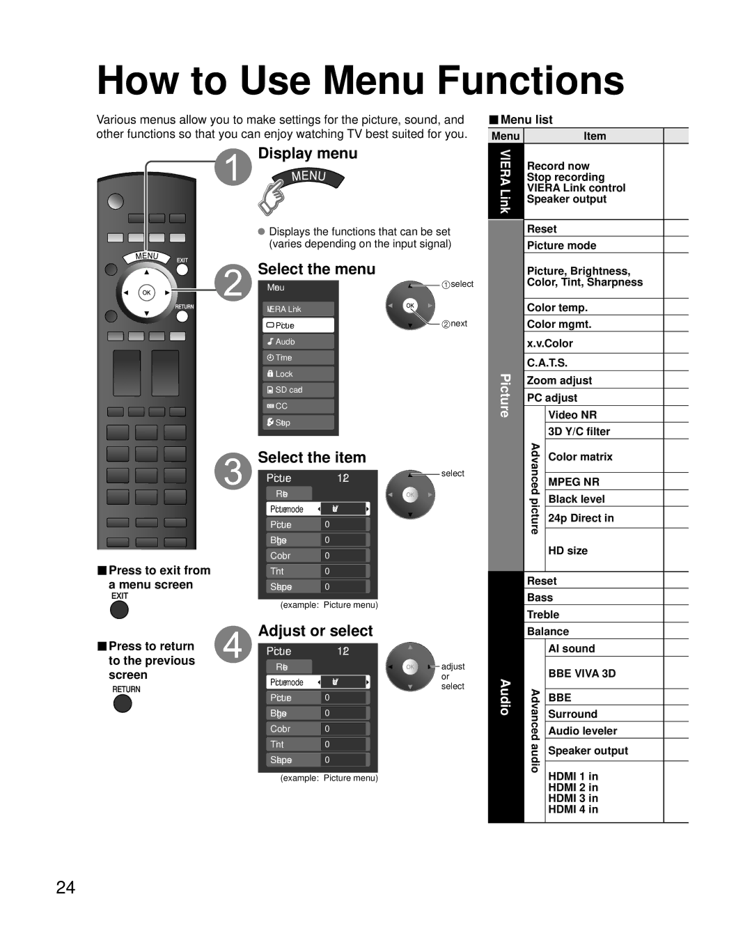 Panasonic TH-42PZ800U quick start How to Use Menu Functions, Display menu, Select the menu, Select the item, Audio 