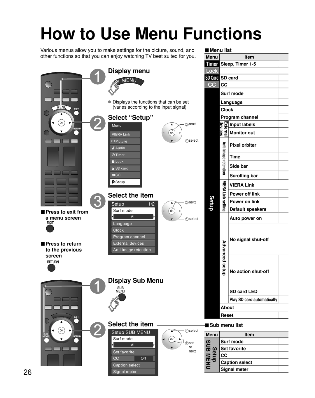 Panasonic TH-42PZ800U quick start Select Setup, Display Sub Menu, Lock, Sub menu list 