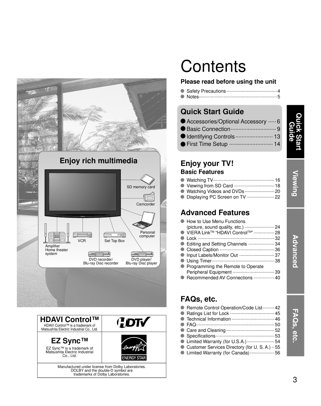 Panasonic TH-42PZ800U quick start Contents 