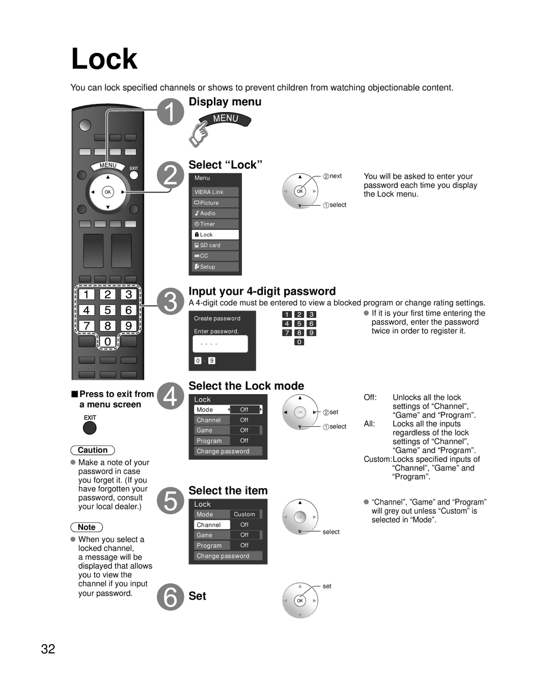 Panasonic TH-42PZ800U quick start Display menu Select Lock, Input your 4-digit password, Select the Lock mode 