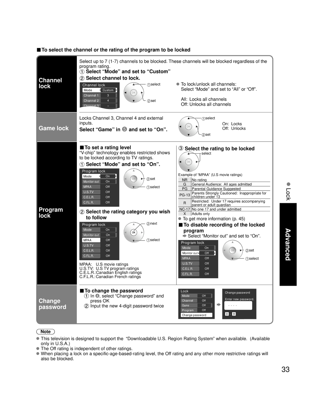 Panasonic TH-42PZ800U quick start Channel lock, Game lock, Program lock, Change password 