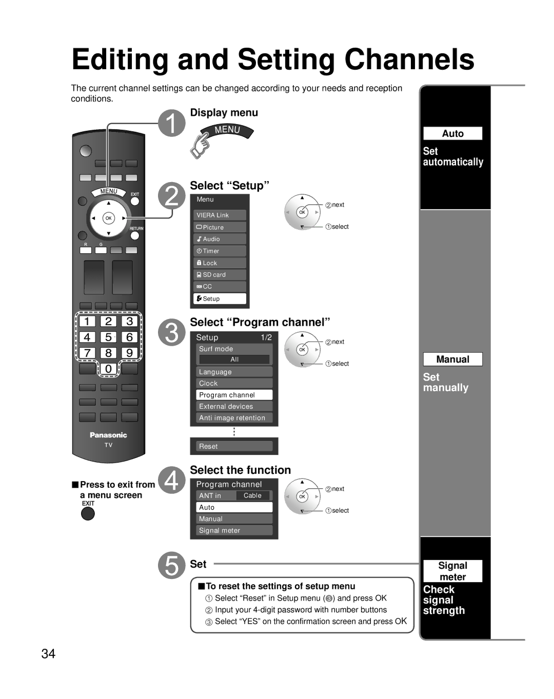 Panasonic TH-42PZ800U quick start Editing and Setting Channels, Select Program channel, Select the function 