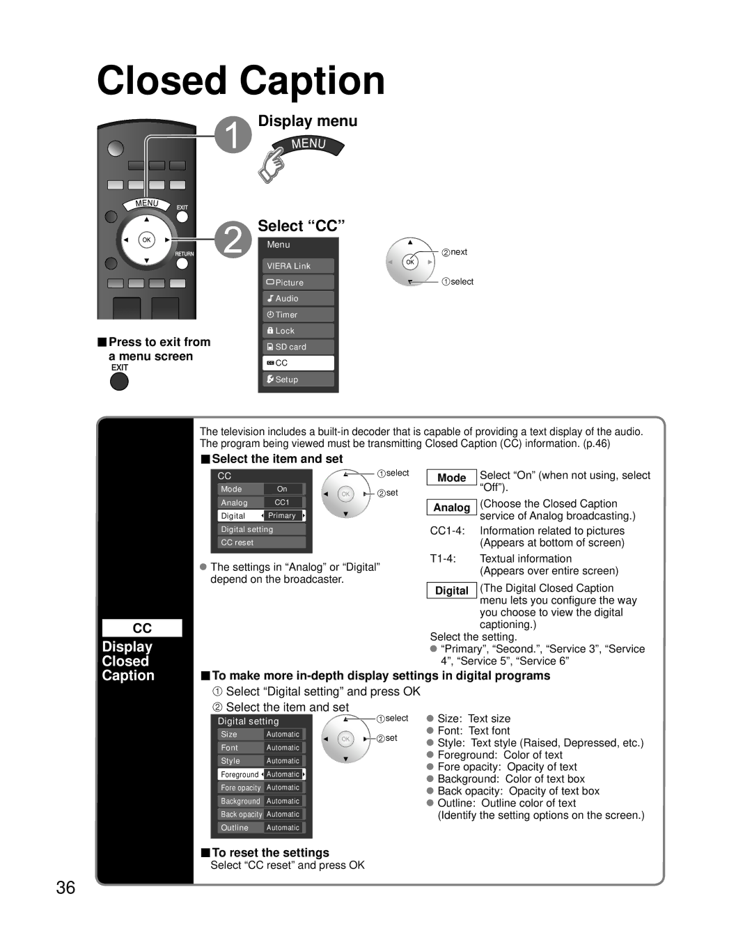 Panasonic TH-42PZ800U quick start Display menu Select CC, Display Closed Caption 