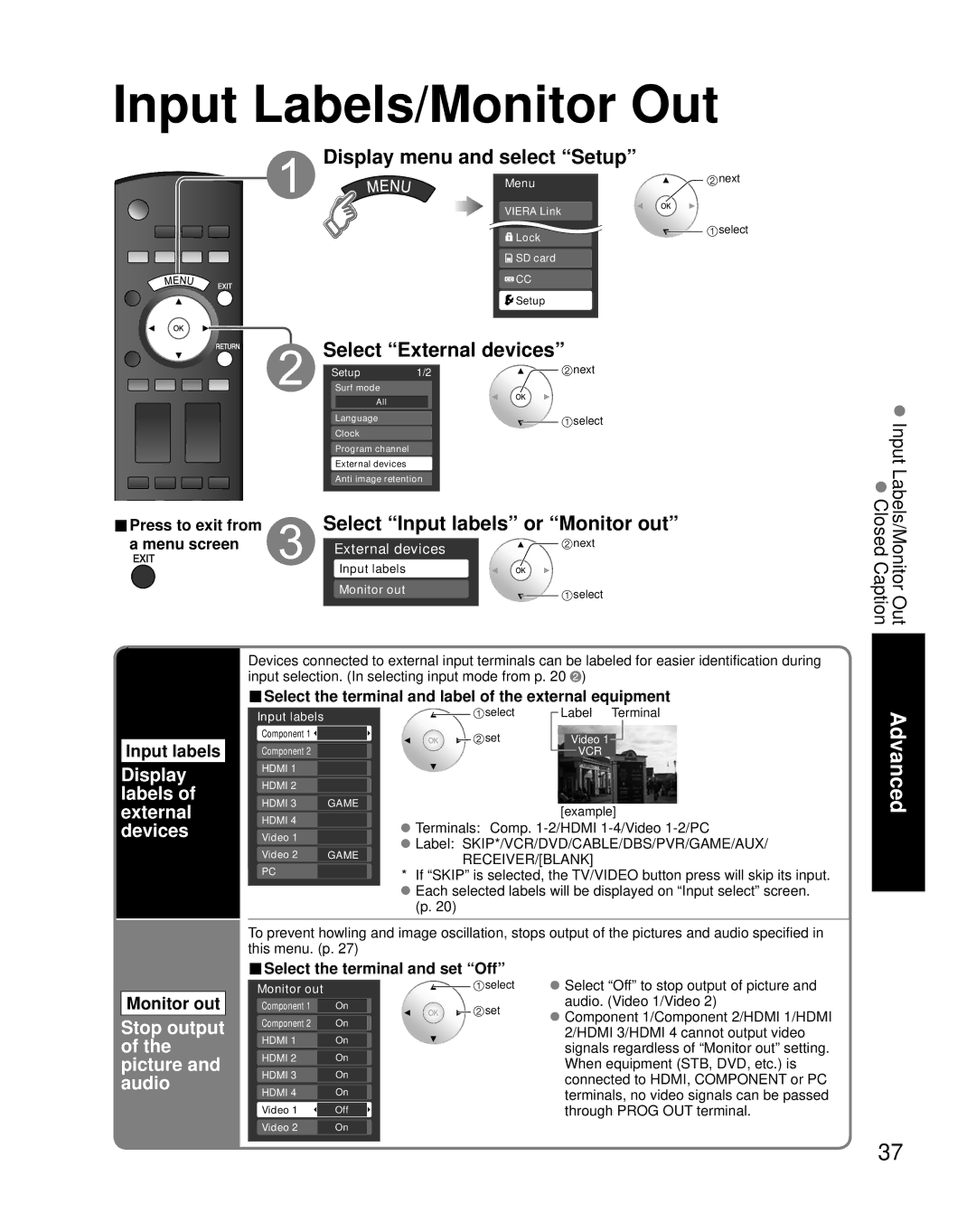 Panasonic TH-42PZ800U quick start Input Labels/Monitor Out, Display menu and select Setup, Select External devices 