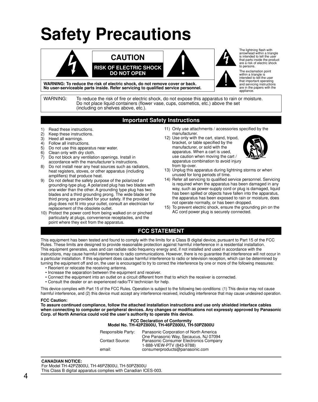 Panasonic TH-42PZ800U quick start Safety Precautions, Important Safety Instructions 