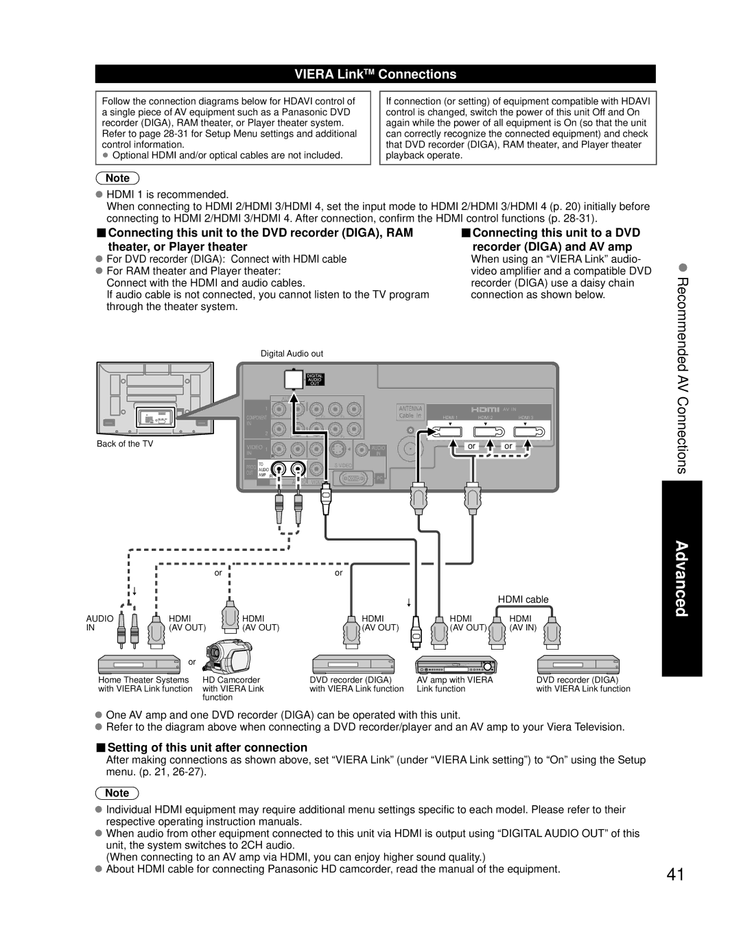 Panasonic TH-42PZ800U quick start Viera LinkTM Connections, Setting of this unit after connection, Hdmi 1 is recommended 