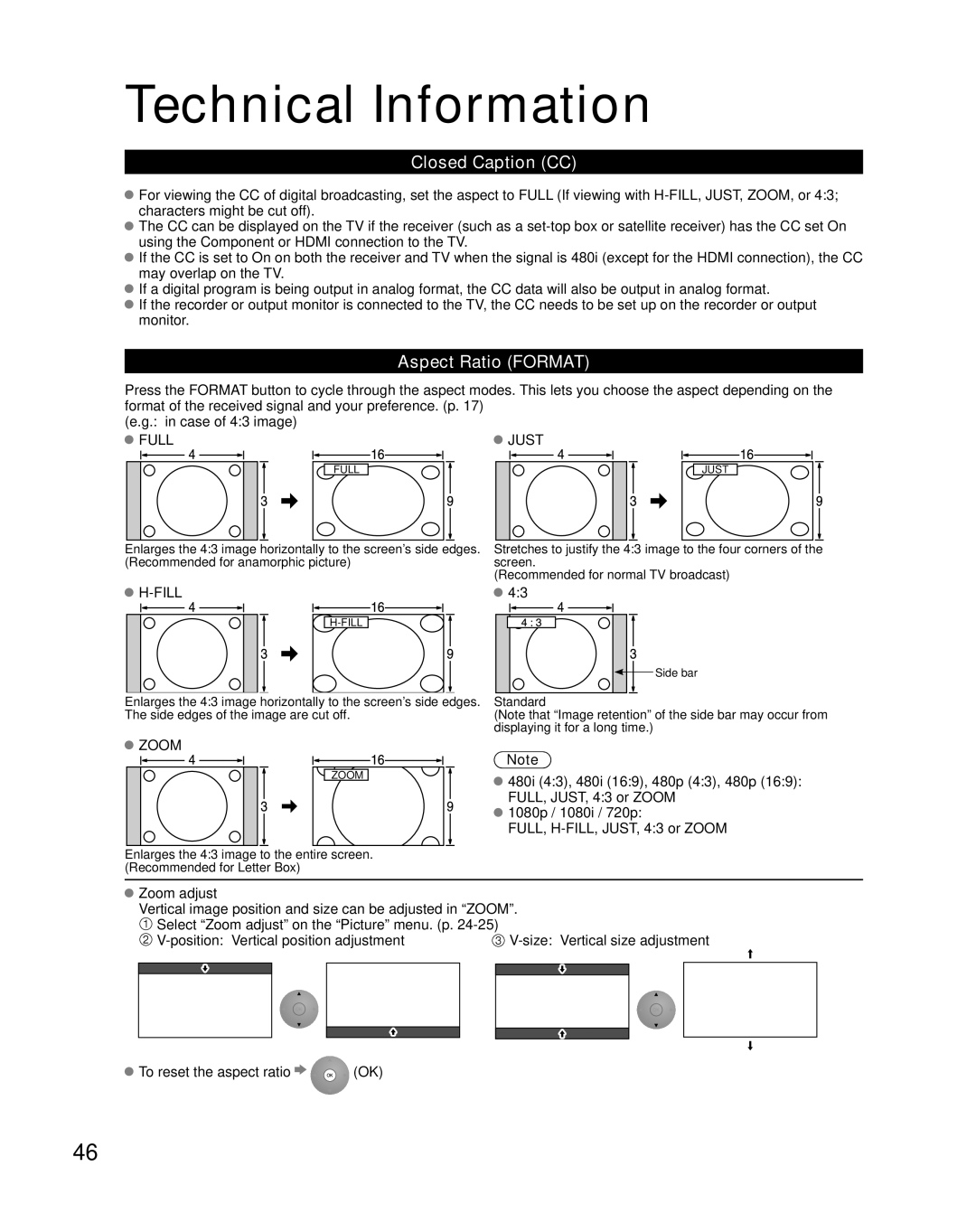 Panasonic TH-42PZ800U quick start Technical Information, Closed Caption CC, Aspect Ratio Format 