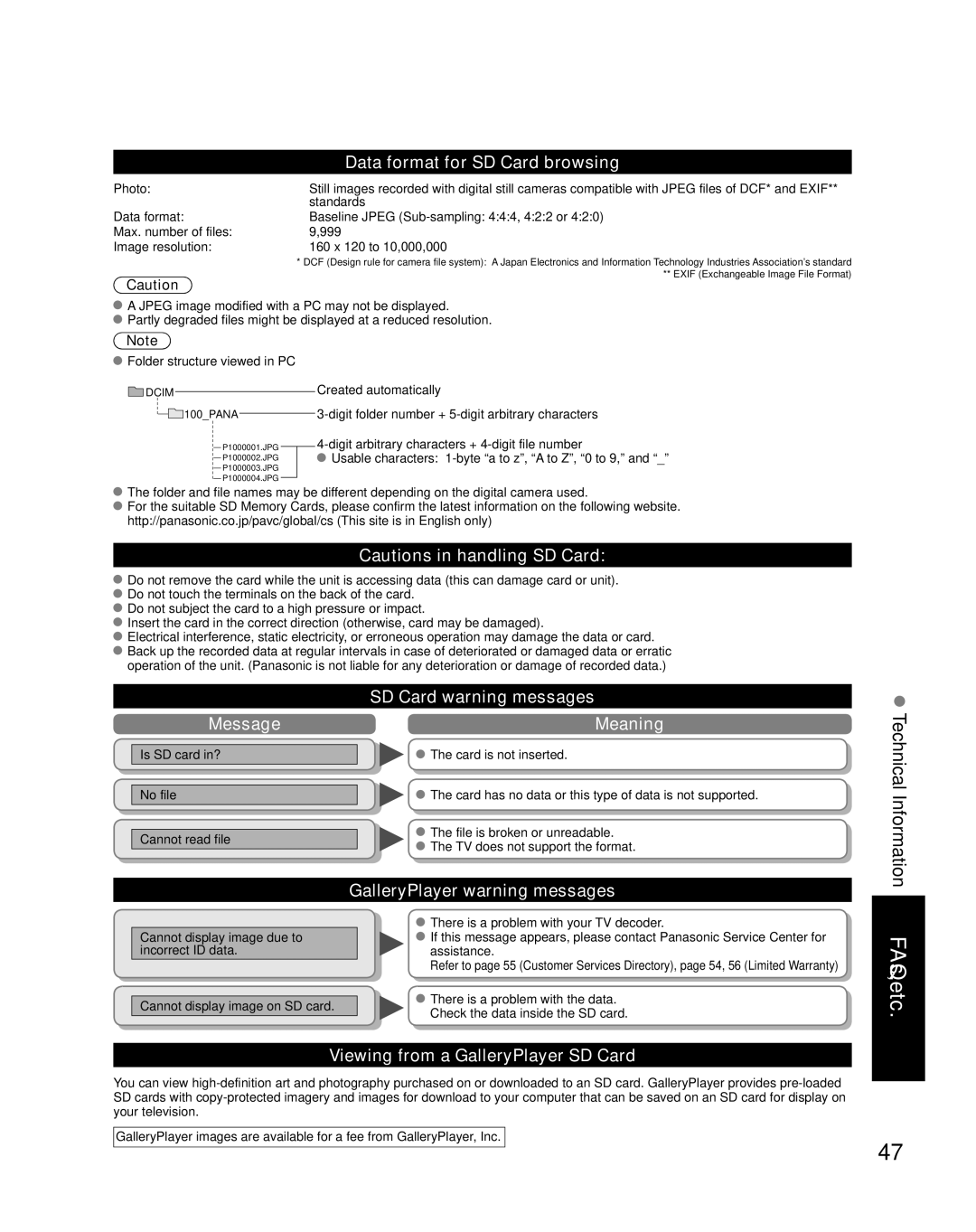 Panasonic TH-42PZ800U quick start Data format for SD Card browsing, Message, SD Card warning messages Meaning 