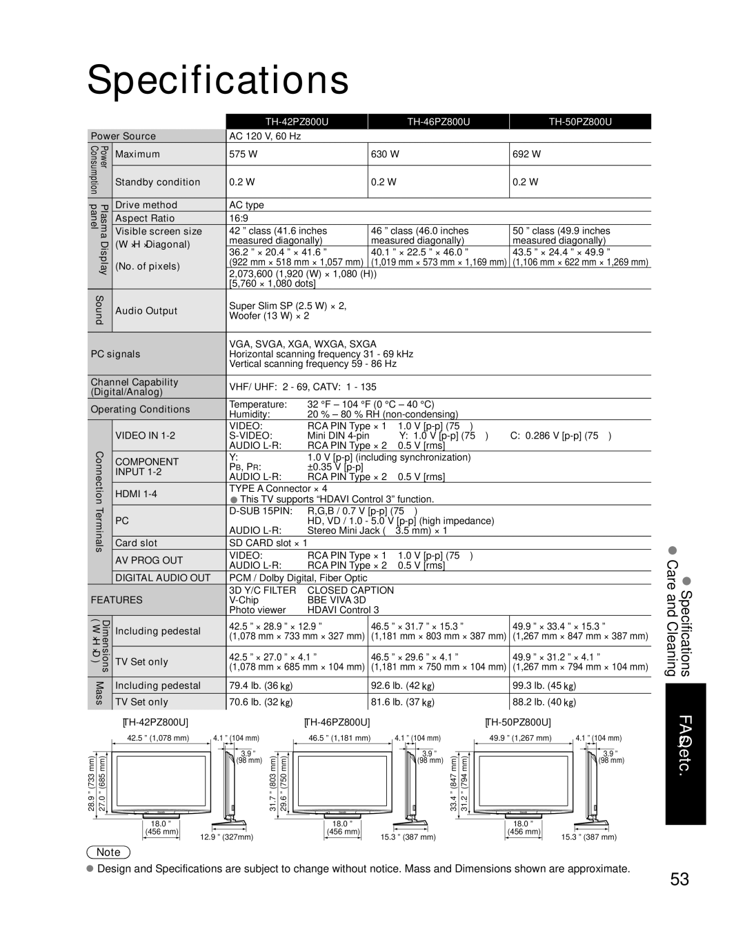 Panasonic quick start Specifications, TH-42PZ800U TH-46PZ800U TH-50PZ800U 