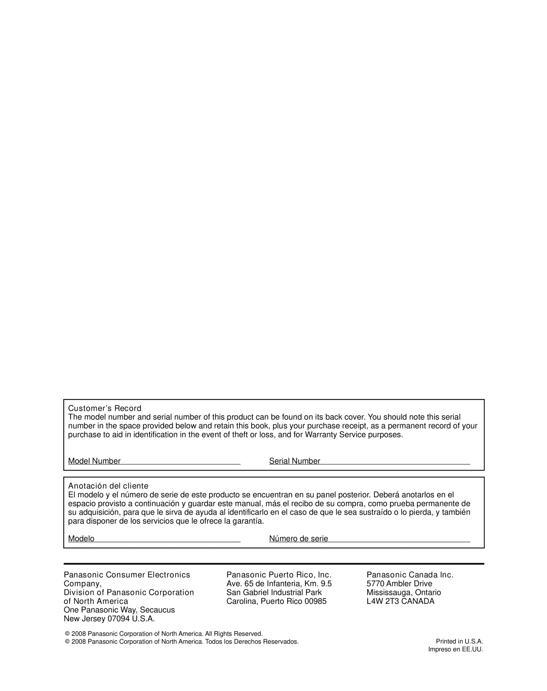 Panasonic TH-42PZ800U Customer’s Record, Anotación del cliente, Division of Panasonic Corporation, North America 