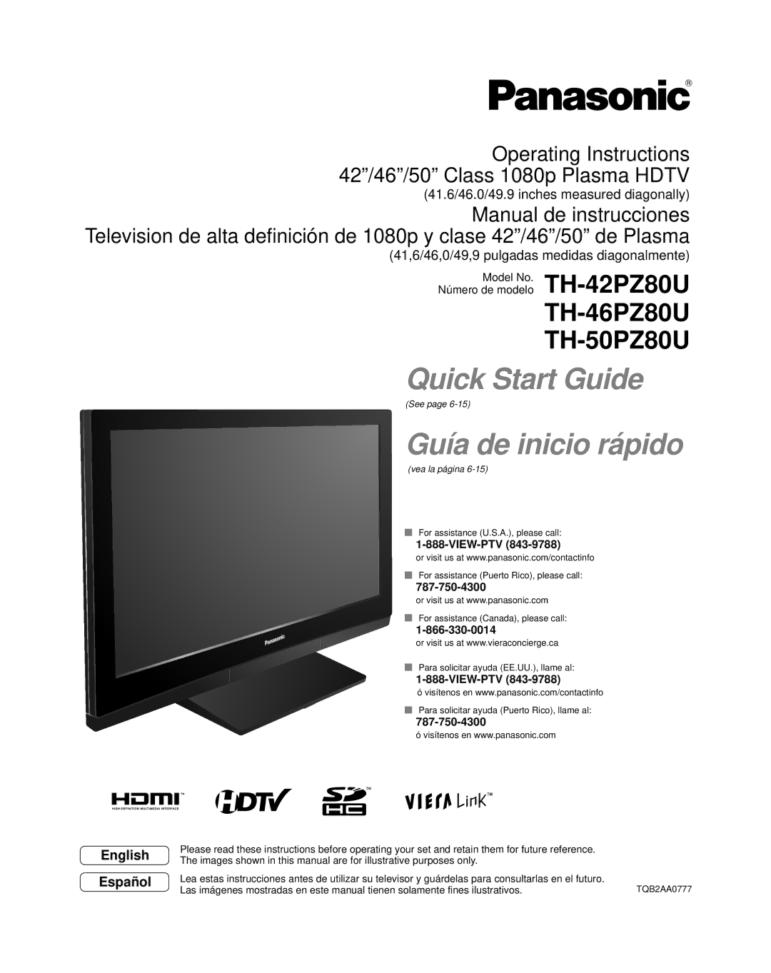 Panasonic TH-42PZ80U quick start Operating Instructions 42/46/50 Class 1080p Plasma Hdtv, View-Ptv 