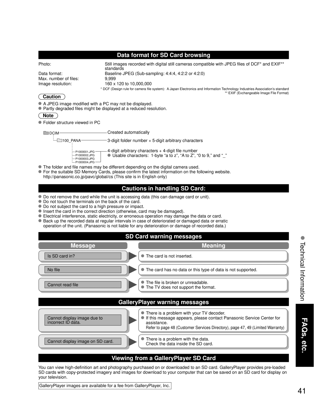 Panasonic TH-42PZ80U quick start Data format for SD Card browsing, Message, SD Card warning messages Meaning 