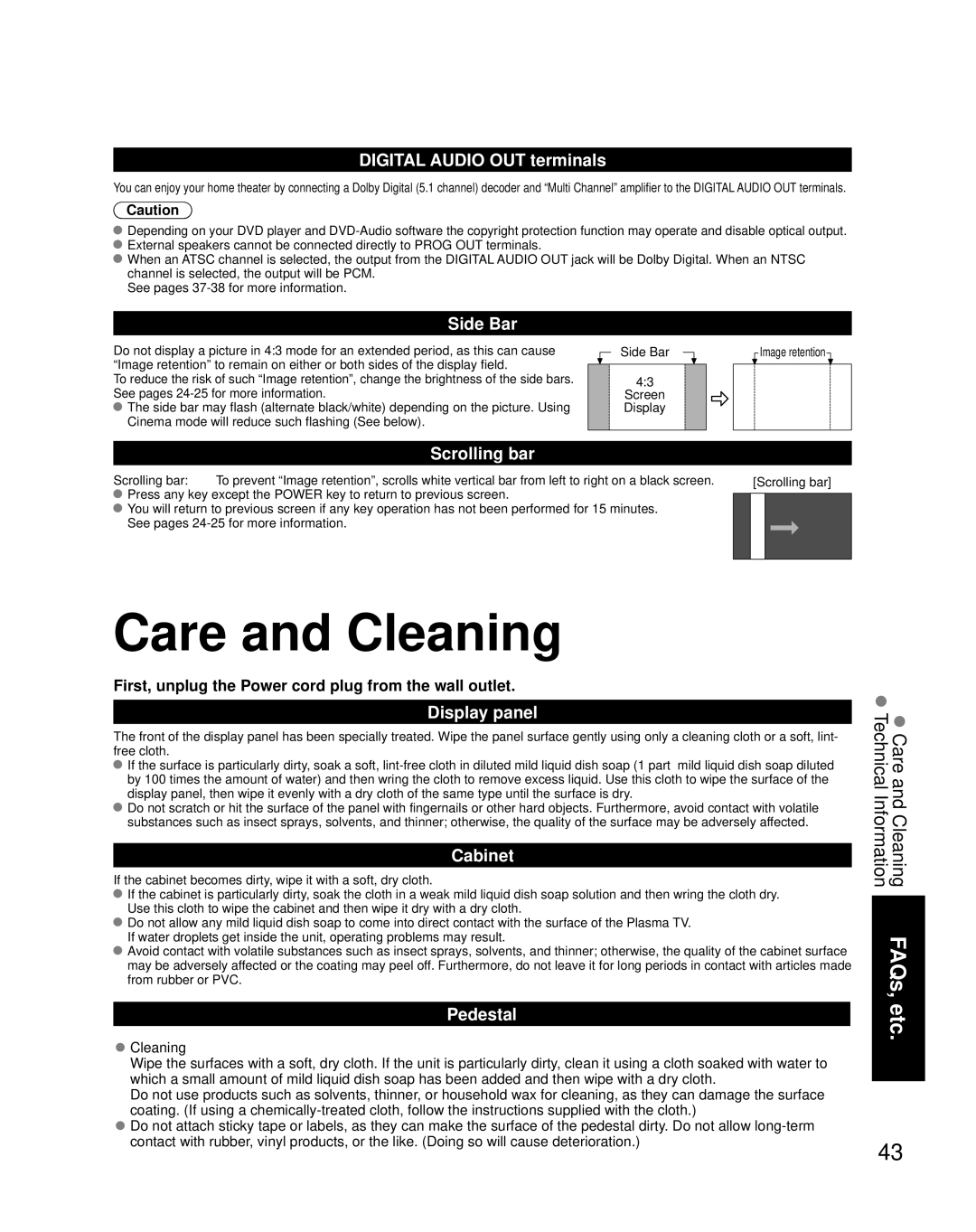 Panasonic TH-42PZ80U quick start Care and Cleaning 