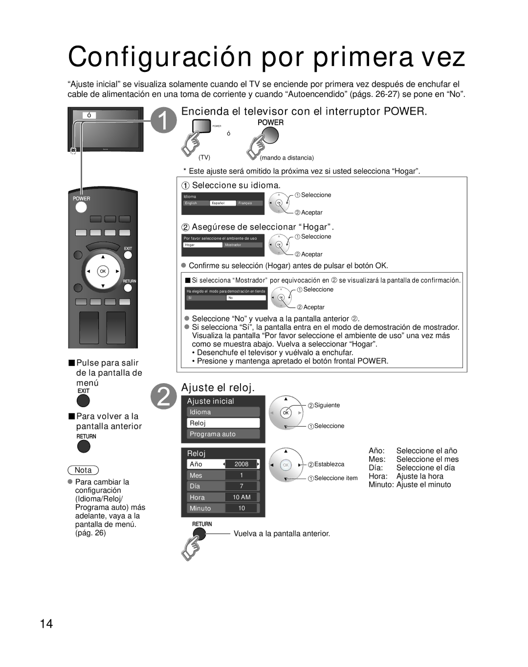 Panasonic TH-42PZ85U Configuración por primera vez, Encienda el televisor con el interruptor Power, Ajuste el reloj 