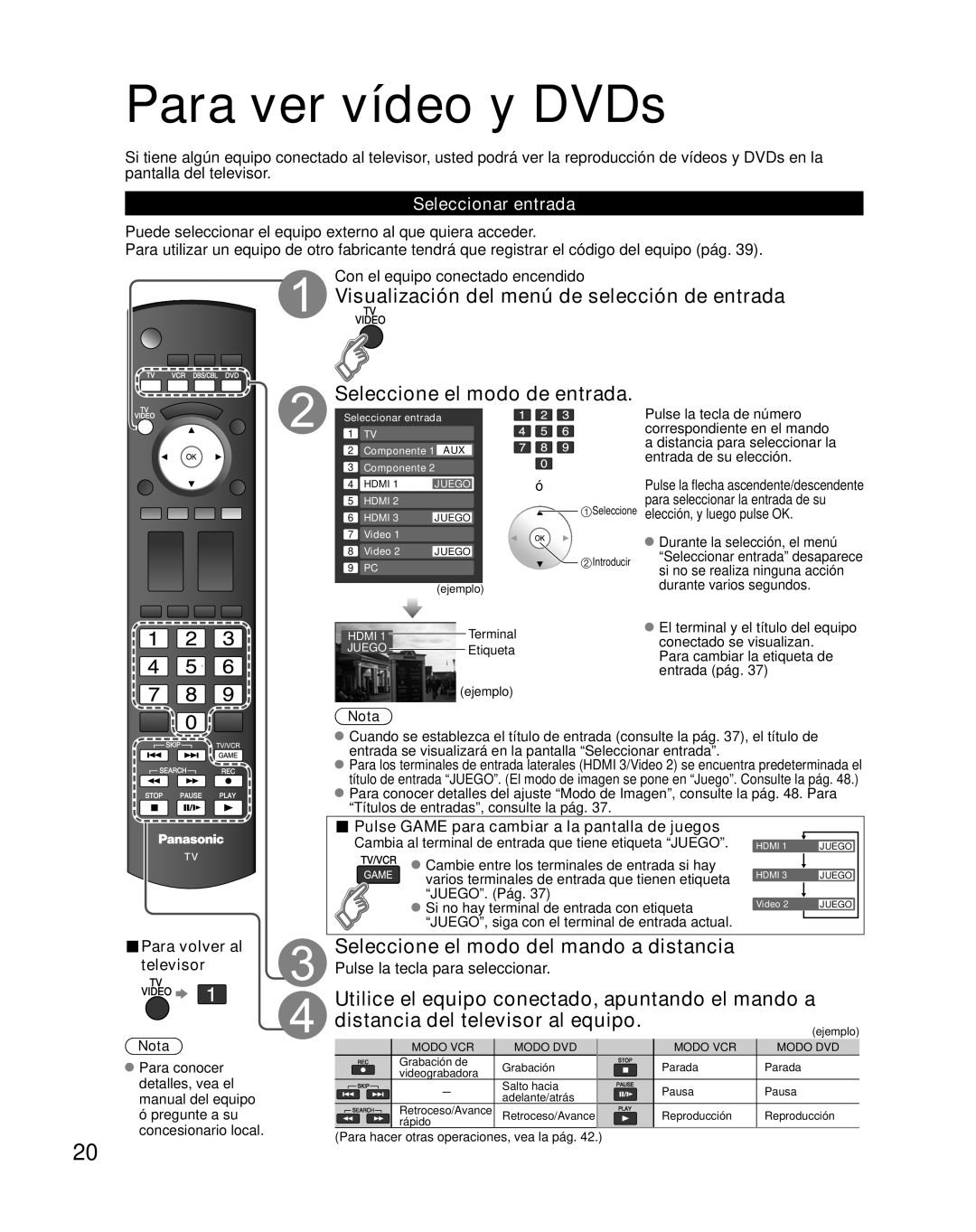 Panasonic TH-42PZ85U quick start Para ver vídeo y DVDs, Seleccione el modo del mando a distancia, Seleccionar entrada 