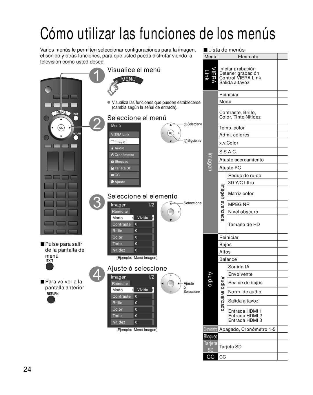 Panasonic TH-42PZ85U quick start Visualice el menú, Seleccione el menú, Seleccione el elemento, Ajuste ó seleccione, Audio 