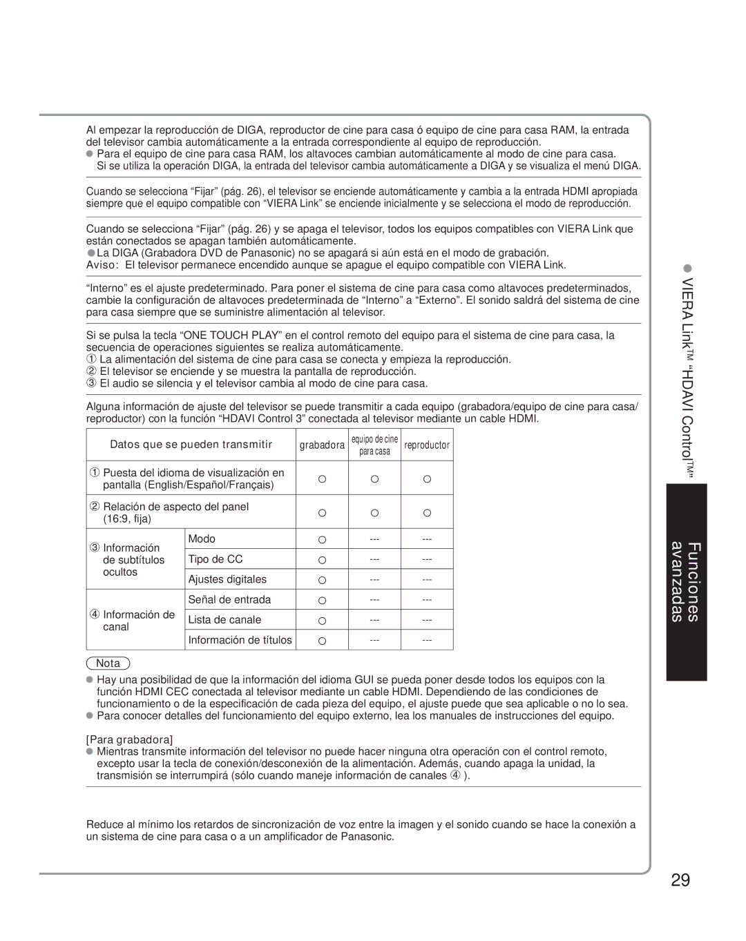 Panasonic TH-42PZ85U quick start Datos que se pueden transmitir, Para grabadora 