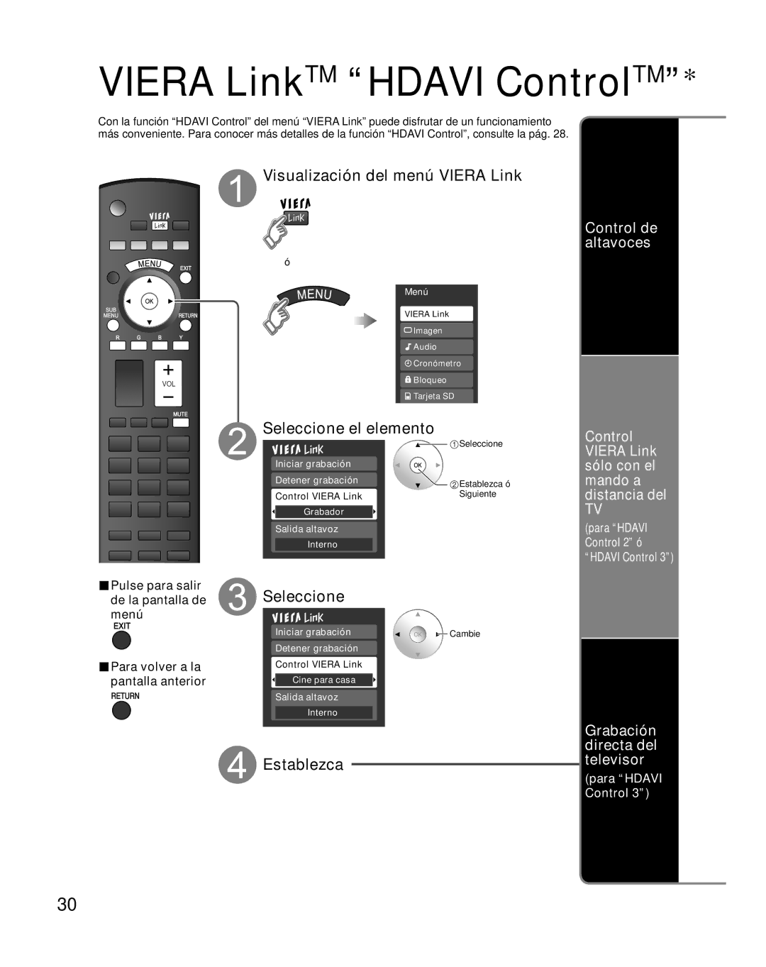 Panasonic TH-42PZ85U quick start Visualización del menú Viera Link, Seleccione, Grabación directa del televisor 