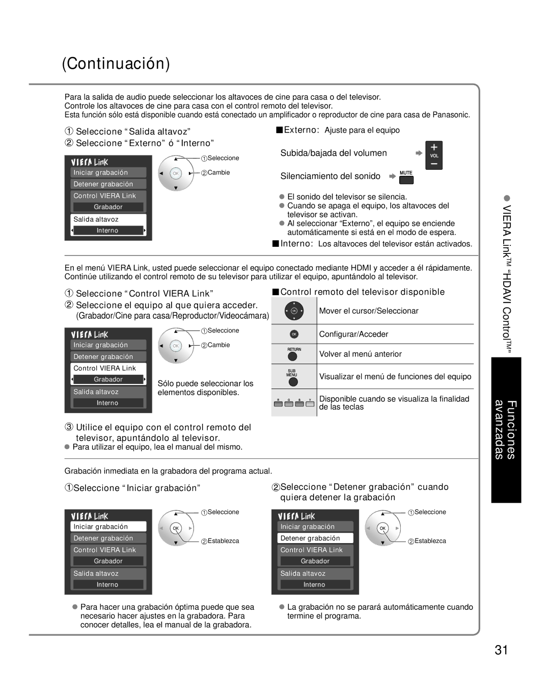 Panasonic TH-42PZ85U Seleccione Salida altavoz Seleccione Externo ó Interno, Control remoto del televisor disponible 