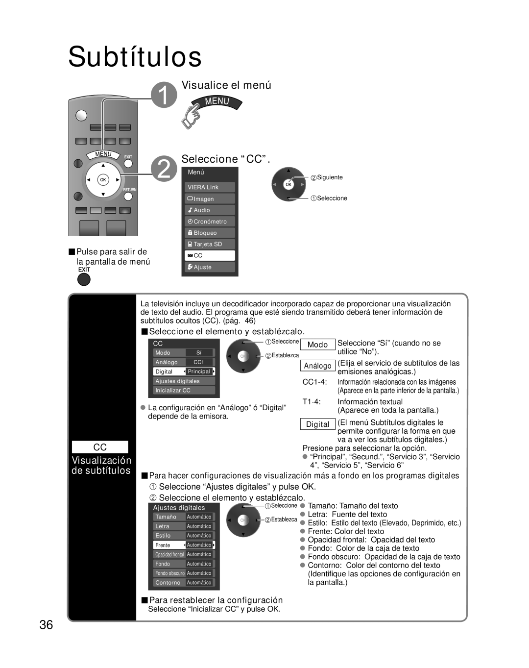 Panasonic TH-42PZ85U quick start Subtítulos, Visualice el menú Seleccione CC, Visualización de subtítulos 