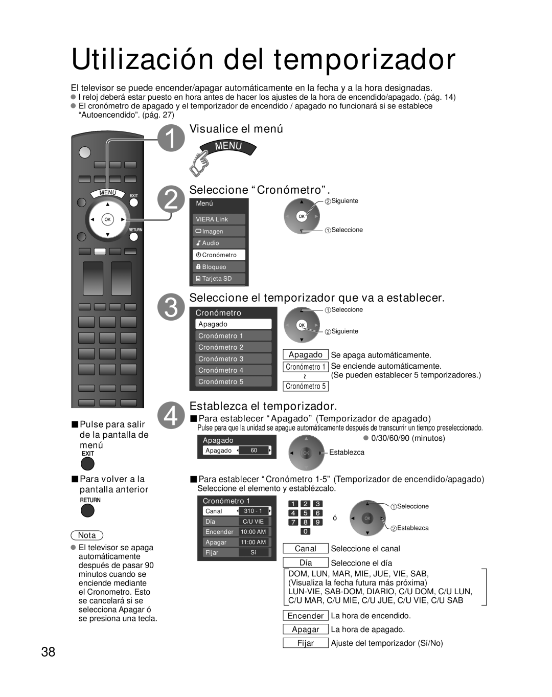 Panasonic TH-42PZ85U Utilización del temporizador, Visualice el menú Seleccione Cronómetro, Establezca el temporizador 