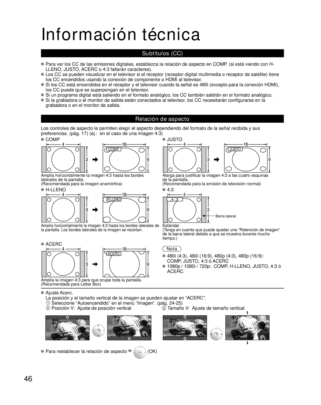 Panasonic TH-42PZ85U quick start Información técnica, Subtítulos CC, Relación de aspecto 