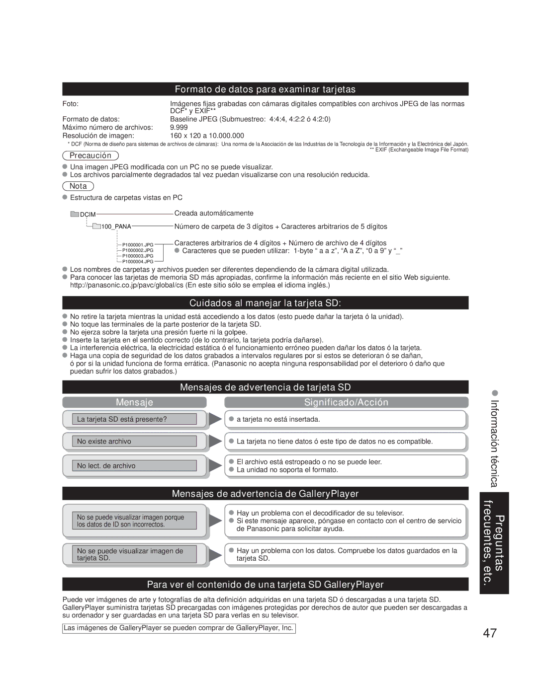 Panasonic TH-42PZ85U quick start Formato de datos para examinar tarjetas, Cuidados al manejar la tarjeta SD 