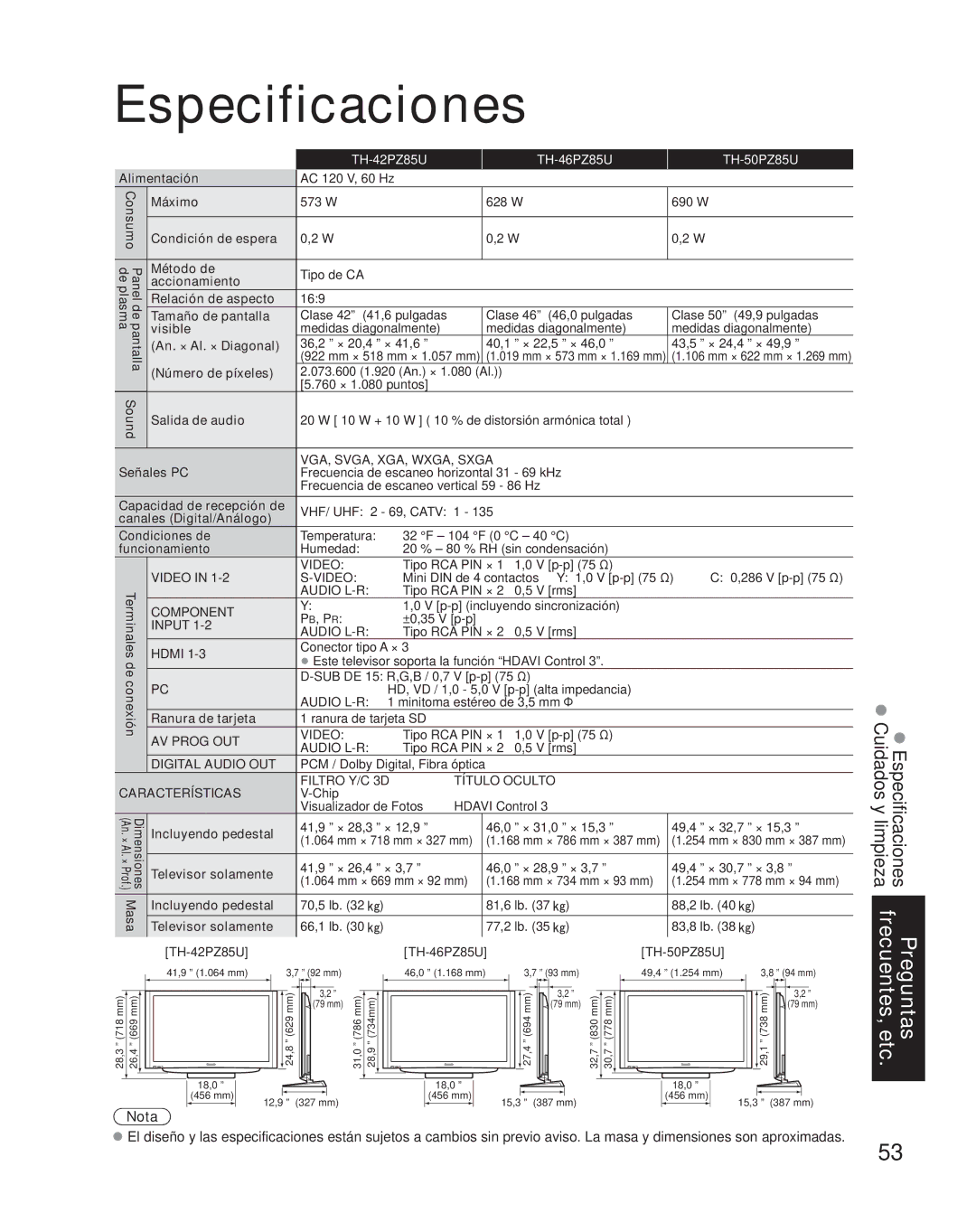 Panasonic TH-42PZ85U quick start Especificaciones 