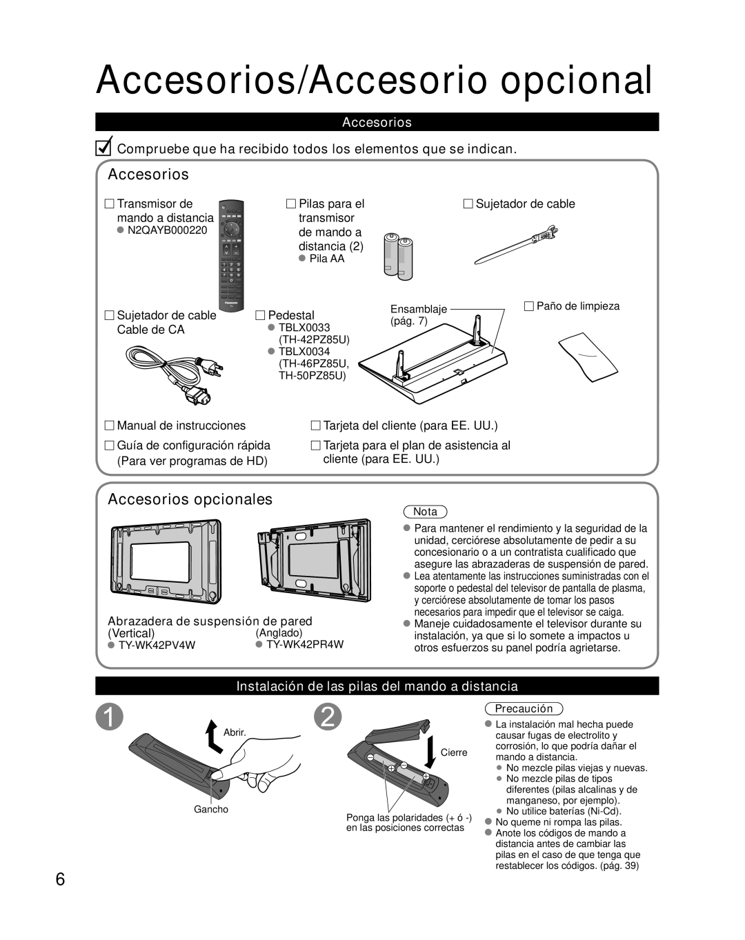 Panasonic TH-42PZ85U Accesorios/Accesorio opcional, Accesorios opcionales, Instalación de las pilas del mando a distancia 