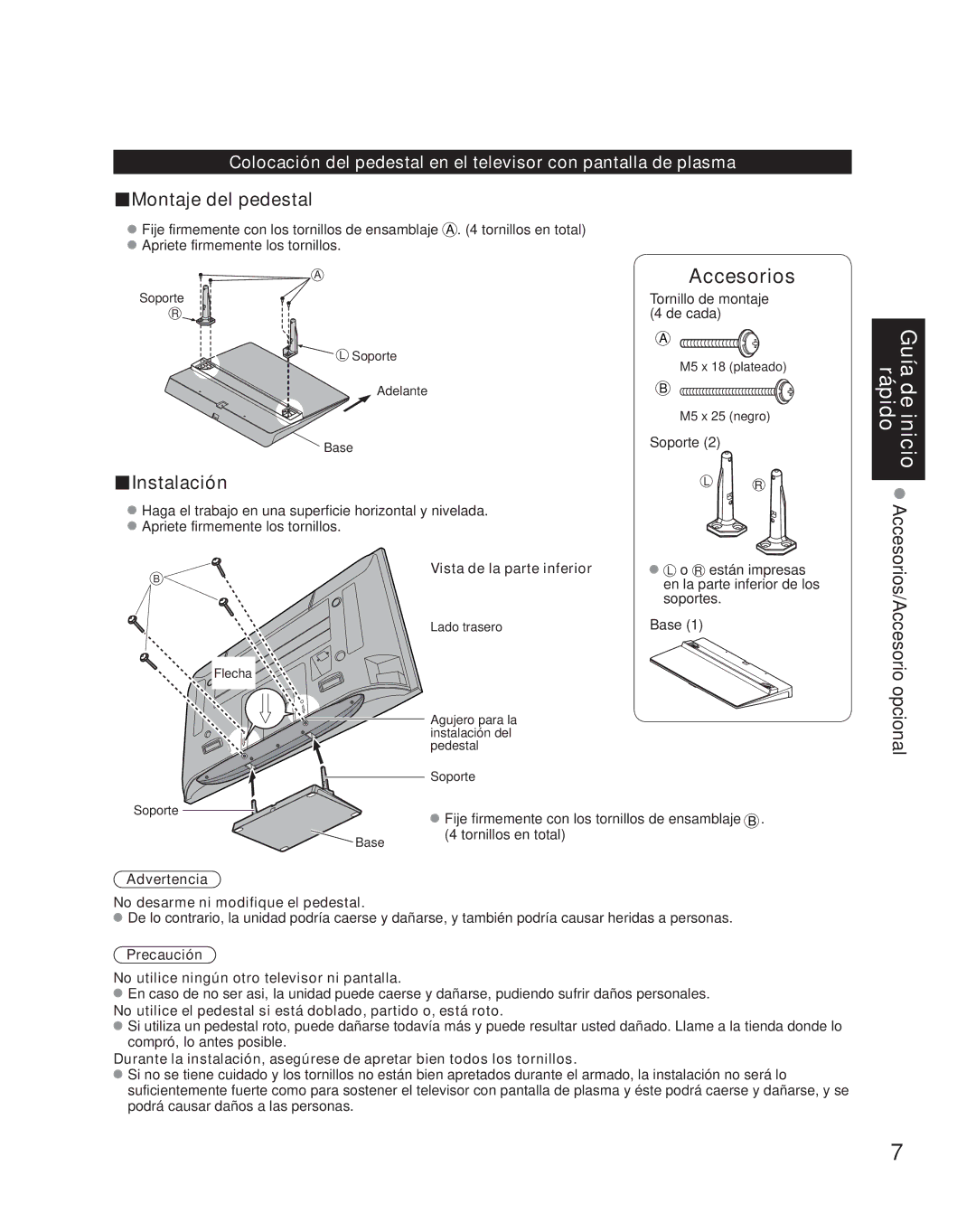 Panasonic TH-42PZ85U quick start Vista de la parte inferior, Advertencia No desarme ni modifique el pedestal 