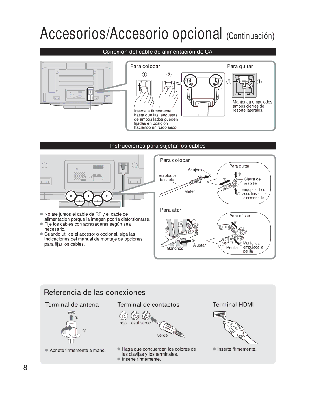 Panasonic TH-42PZ85U Conexión del cable de alimentación de CA, Instrucciones para sujetar los cables, Para colocar 