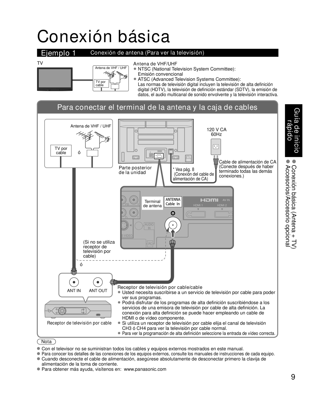 Panasonic TH-42PZ85U quick start Conexión básica, Conexión de antena Para ver la televisión, Antena de VHF/UHF 