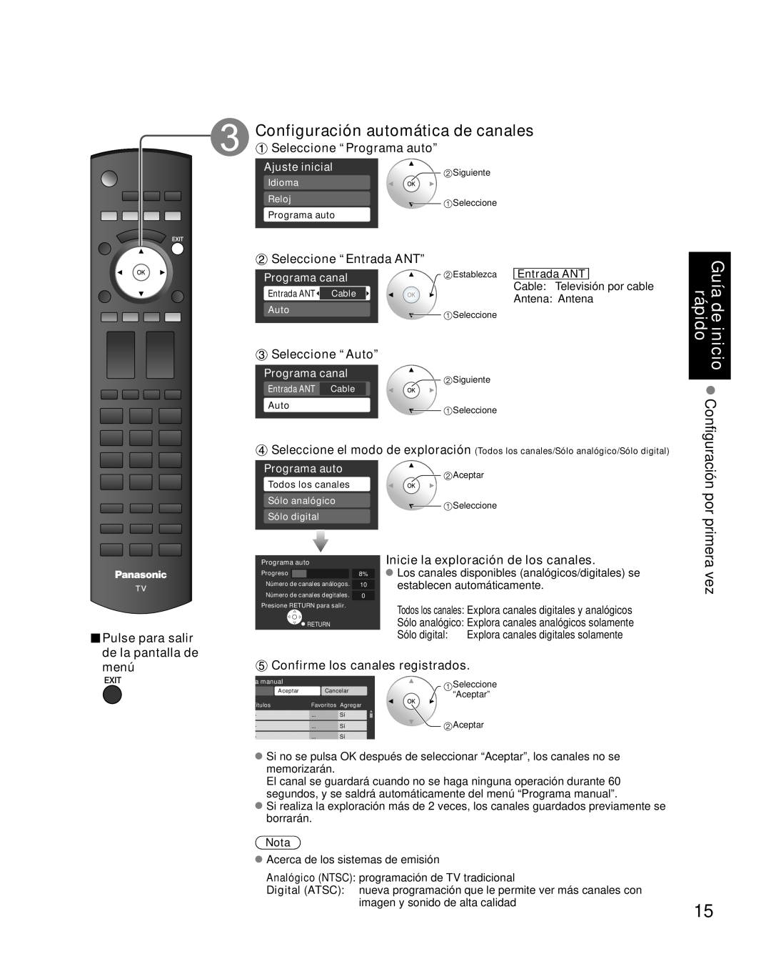 Panasonic TH-42PZ85U Configuración automática de canales, primera, Pulse para salir de la pantalla de menú, Programa canal 