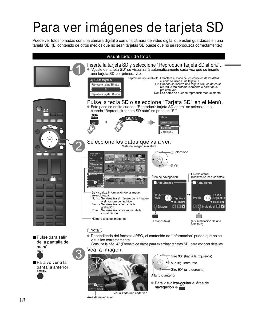 Panasonic TH-42PZ85U Para ver imágenes de tarjeta SD, Pulse la tecla SD o seleccione “Tarjeta SD” en el Menú, menú, Nota 