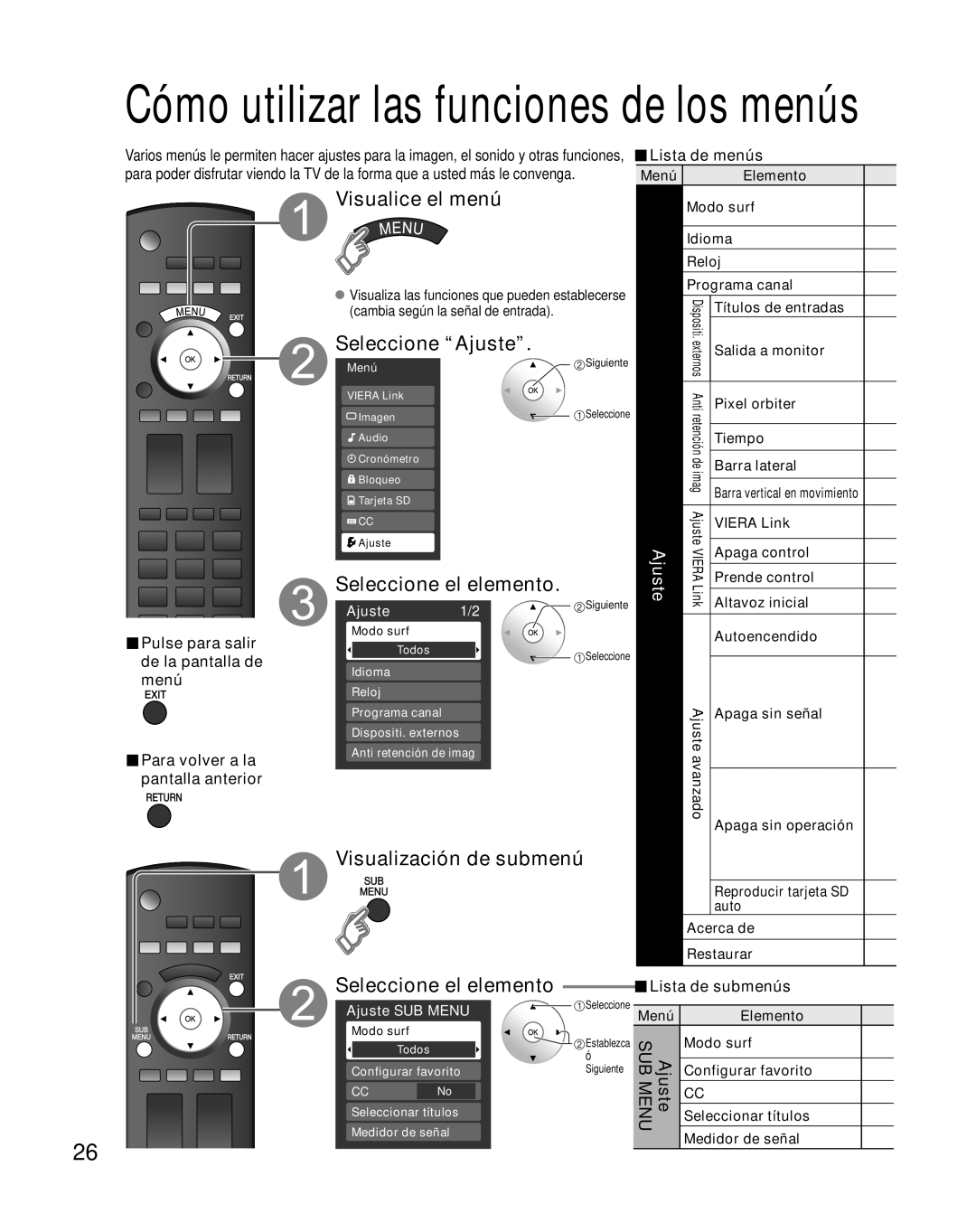 Panasonic TH-42PZ85U Seleccione “Ajuste”, Visualización de submenú, Lista de submenús, Modo surf, Idioma, Reloj, auto 