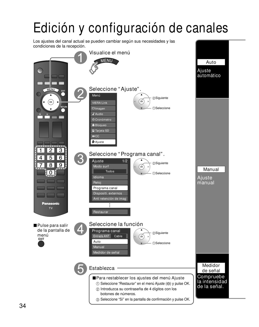 Panasonic TH-42PZ85U Seleccione “Programa canal”, Seleccione la función, Visualice el menú, Ajuste automático, Establezca 