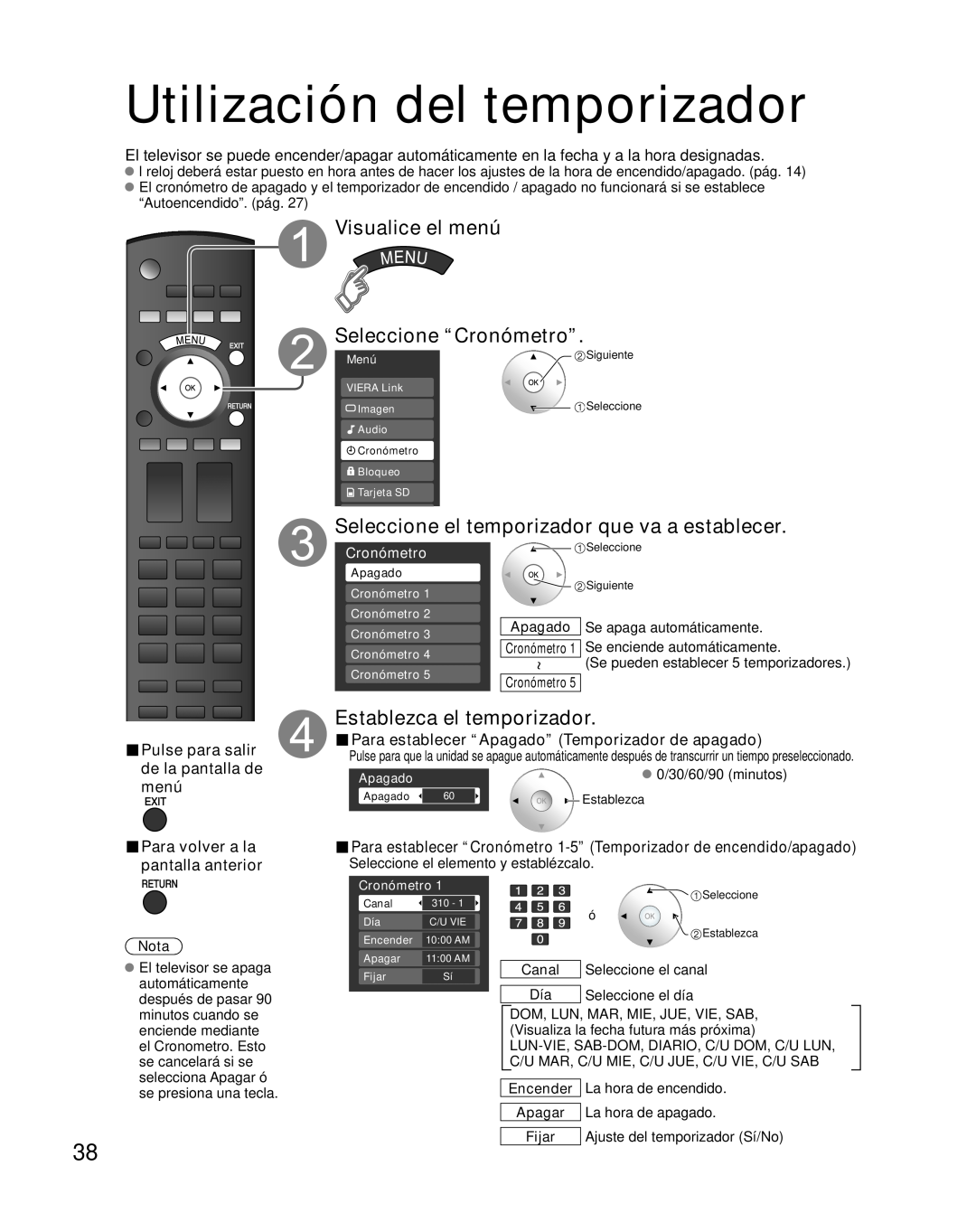 Panasonic TH-42PZ85U Utilización del temporizador, Visualice el menú Seleccione “Cronómetro”, Establezca el temporizador 