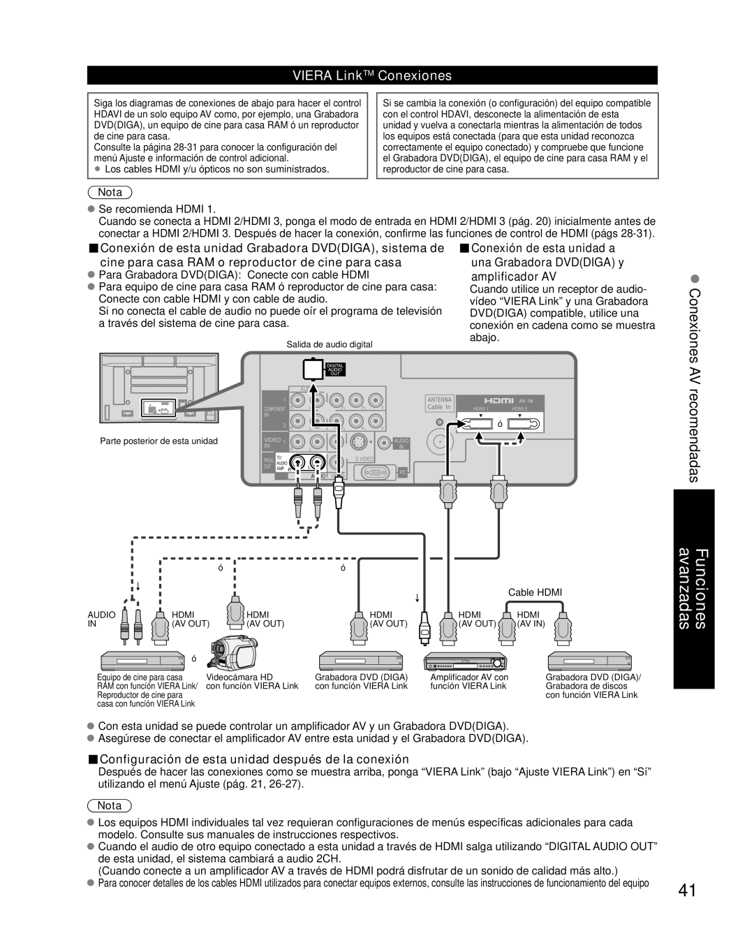 Panasonic TH-42PZ85U AV recomendadas, VIERA LinkTM Conexiones, Conexión de esta unidad Grabadora DVDDIGA, sistema de, Nota 