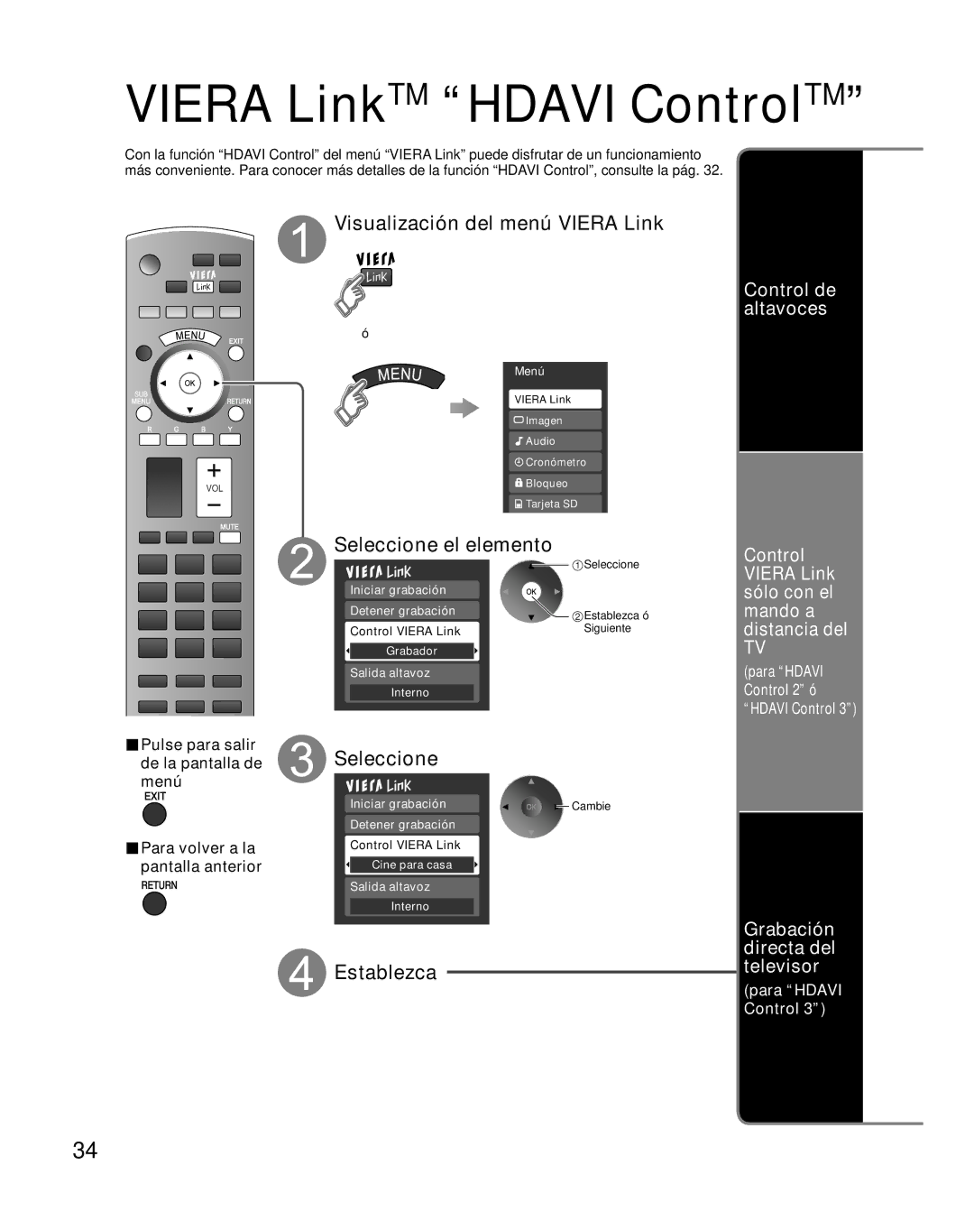 Panasonic TH-46PZ850U operating instructions Visualización del menú Viera Link, Seleccione, Grabación directa del televisor 